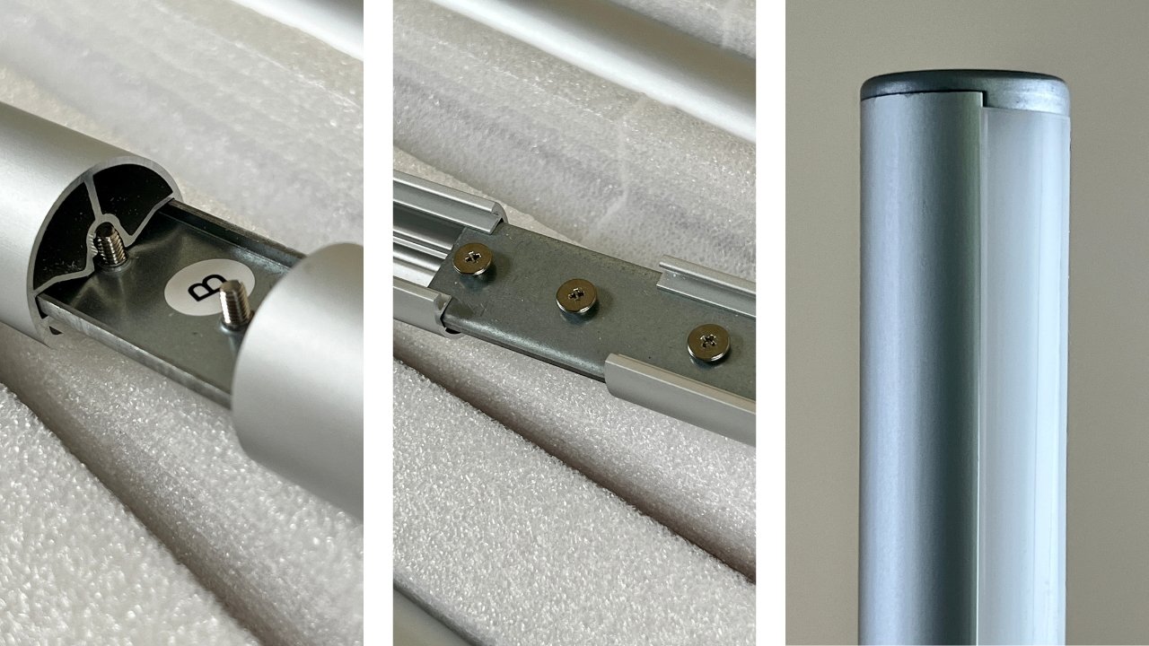   Montáž je nutná a zahrnuje utažení šroubů pro připevnění kovových tyčí a připojení dvou světelných pásů ke dvěma kovovým tyčím