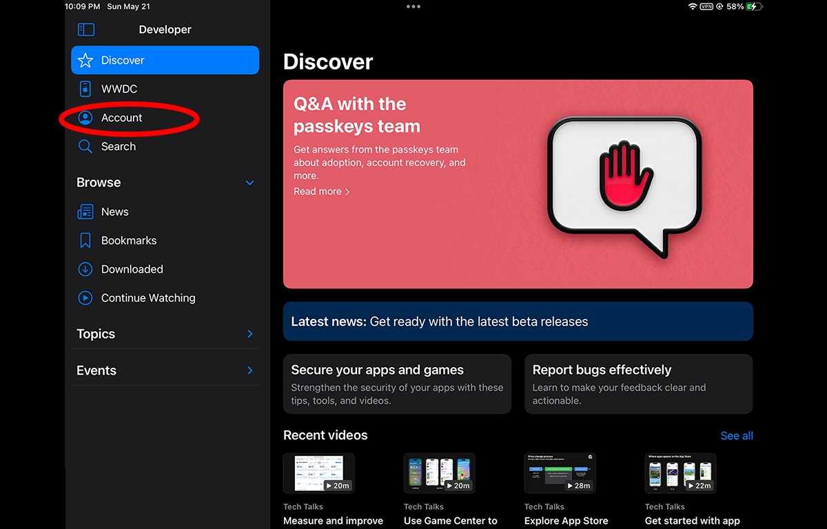 Verze aplikace Developer pro iPadOS.