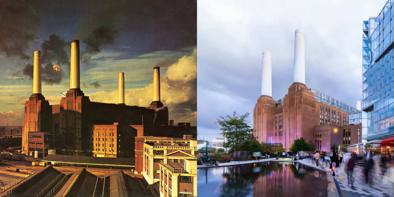 Vlevo: Battersea Power Station na Pink Floyd z roku 1977 