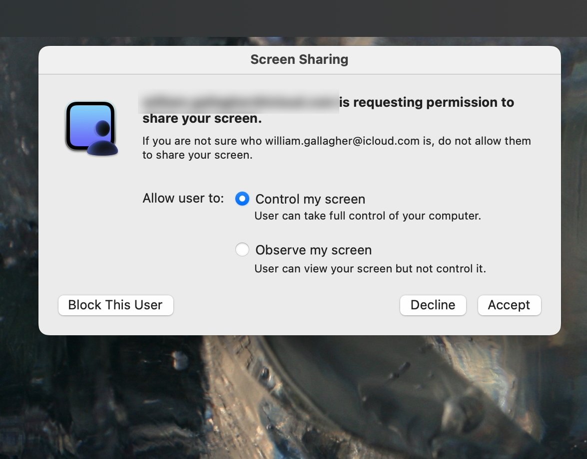 Uživatel, jehož Mac má být sdílen, má vždy kontrolu