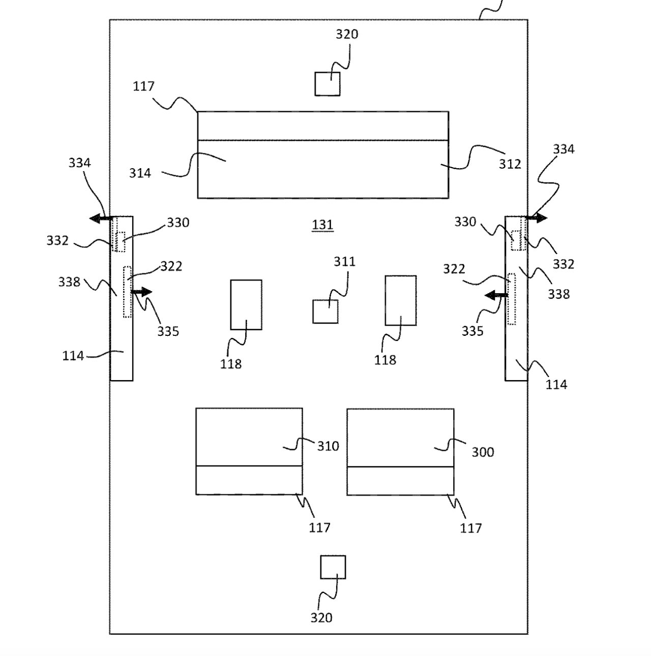 Segmenty nalevo a napravo od středu se zdají být reproduktory ve dveřích.  Z toho však nevyplývá, že Apple Car bude mít pouze dvoje dveře.