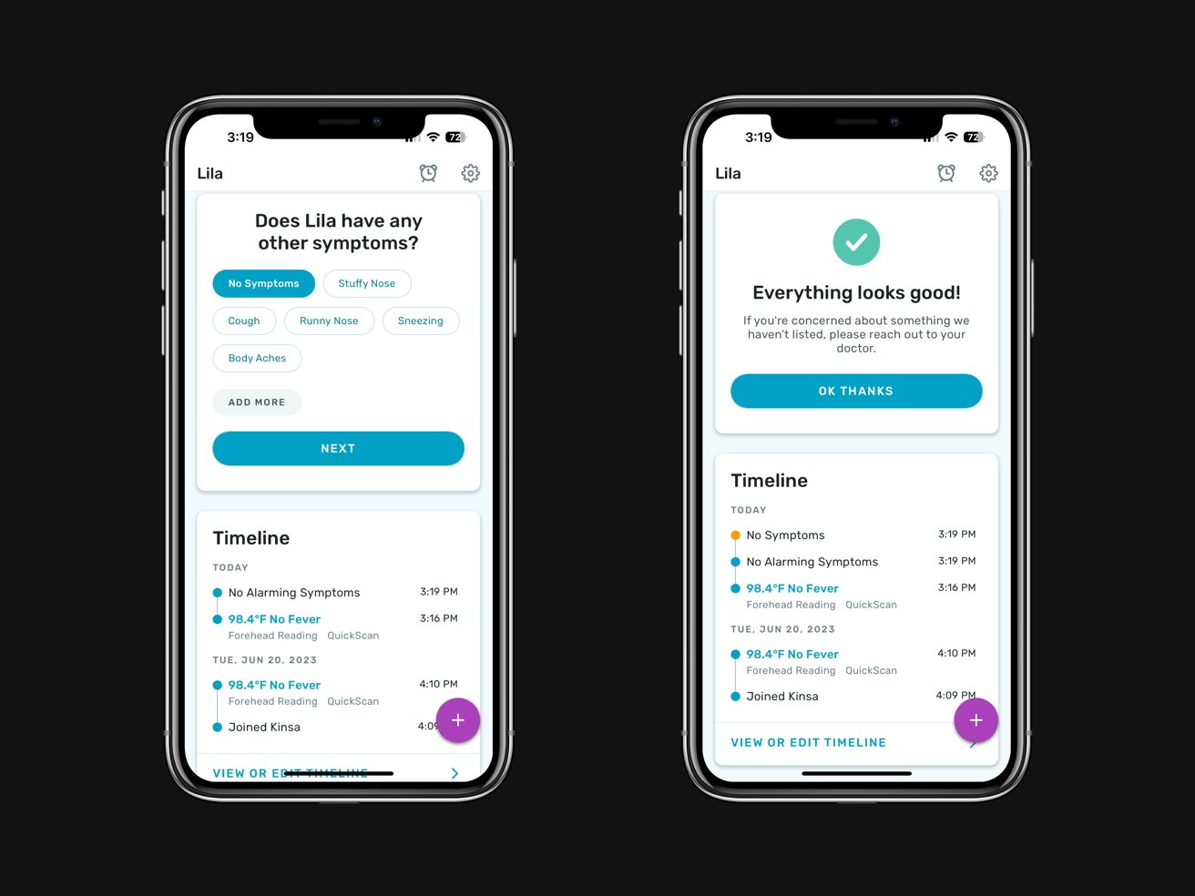 Časová osa ukazuje dávkování, příznaky a údaje o horečce pro každého člena rodiny