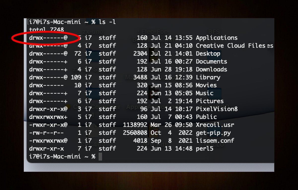 Výpis pomocí ls -l k zobrazení obsahu složky v aplikaci Terminál systému macOS.