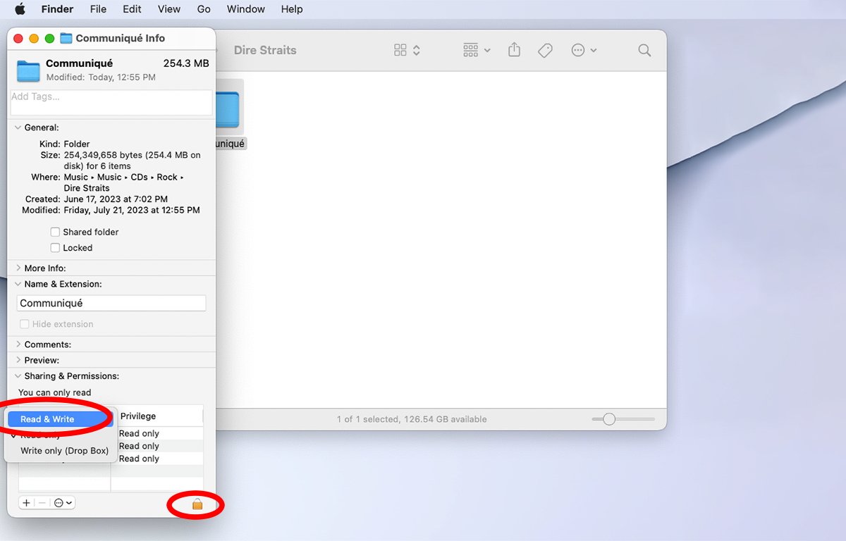 Sdílení &  Podokno oprávnění v okně Získat informace Finderu.