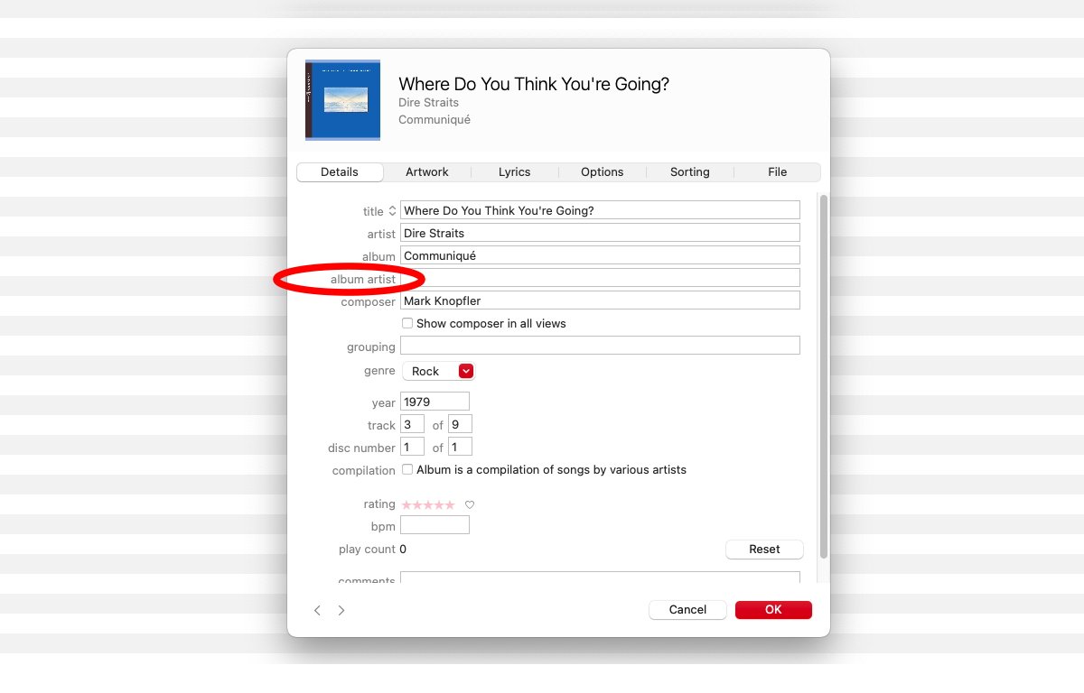 Okno editoru metadat Music's Get Info.
