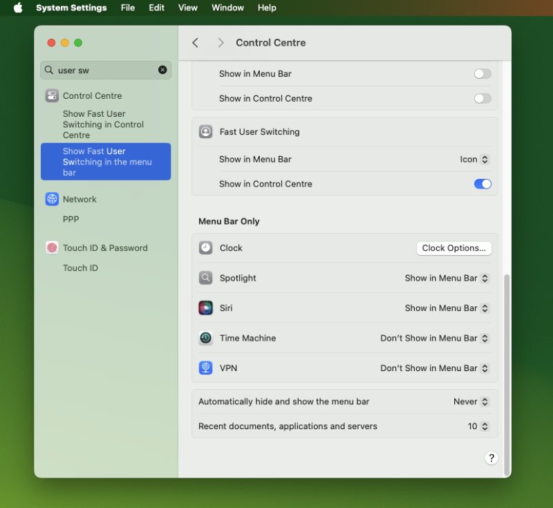 Přihlašování na obrazovce uzamčení bylo revidováno, ale stále je možné umístit Rychlé přepínání uživatelů do panelu nabídek nebo ovládacího centra