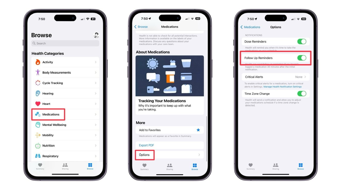 Nastavení připomenutí následné léčby v iOS 17