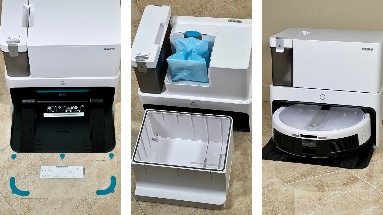 Dokovací stanice obsahuje nádrž na špinavou vodu o objemu 1,2 l a nádobu na prach o objemu 2,1 l a rozměry stanice jsou 17,7 x 15,7 x 14,8 palce. 