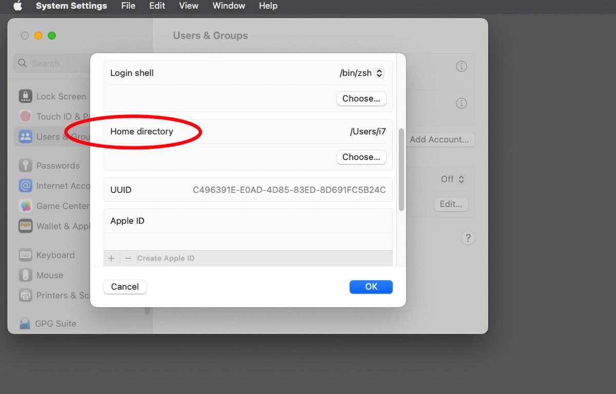 Nastavení domovského adresáře uživatele.