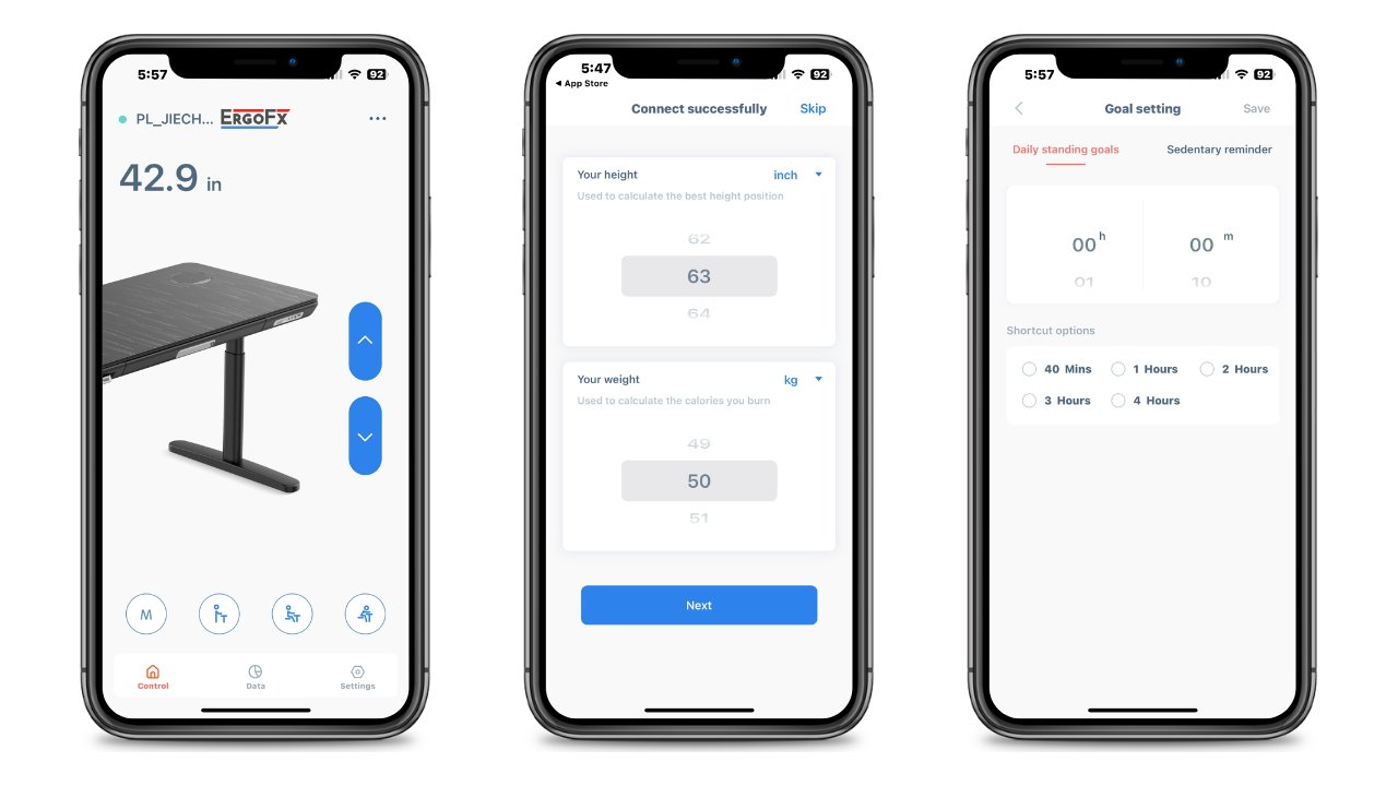 Aplikace ErgoFx umožňuje další funkce pro optimalizaci využití vašeho stolu