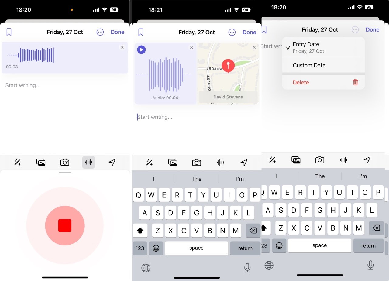 Jakákoli položka deníku může mít text, zvuk a může být nastavena buď na dnešek, nebo kdykoli budete chtít