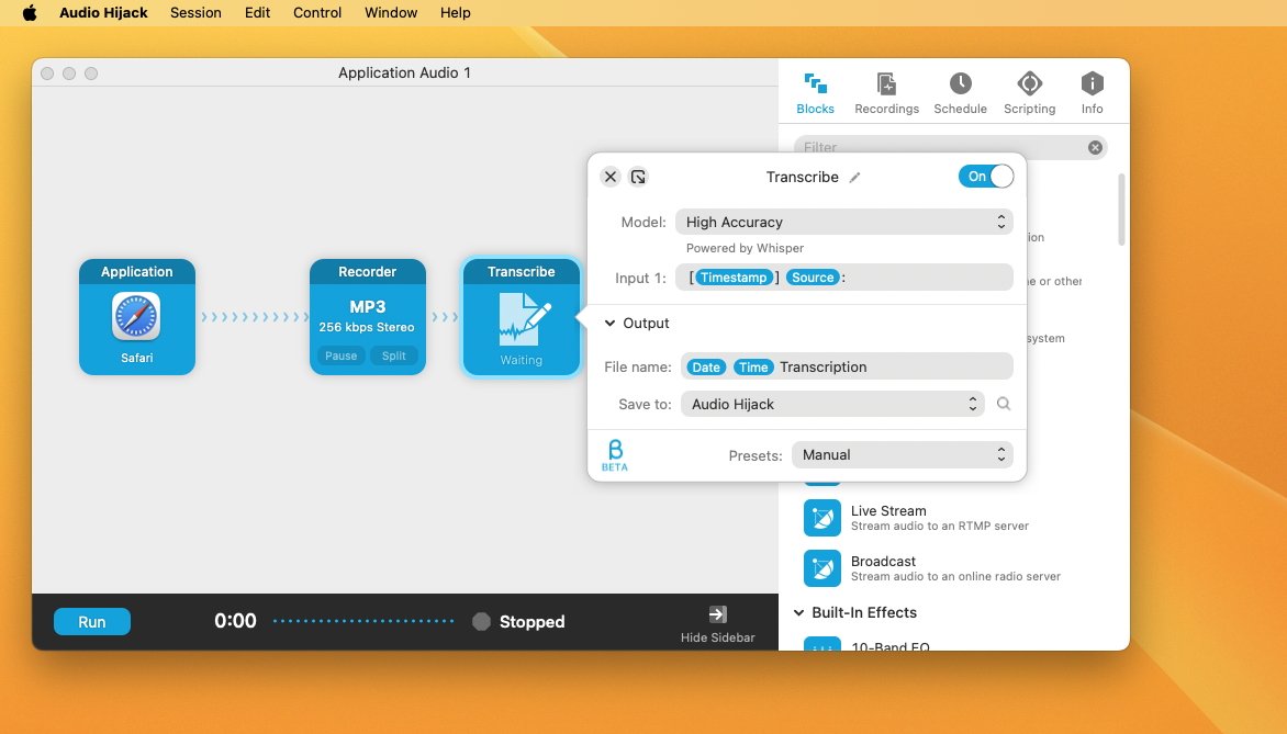 Audio Hijack přidal blok Transscribe, který lze jednoduše přetáhnout do libovolného nastavení nahrávání