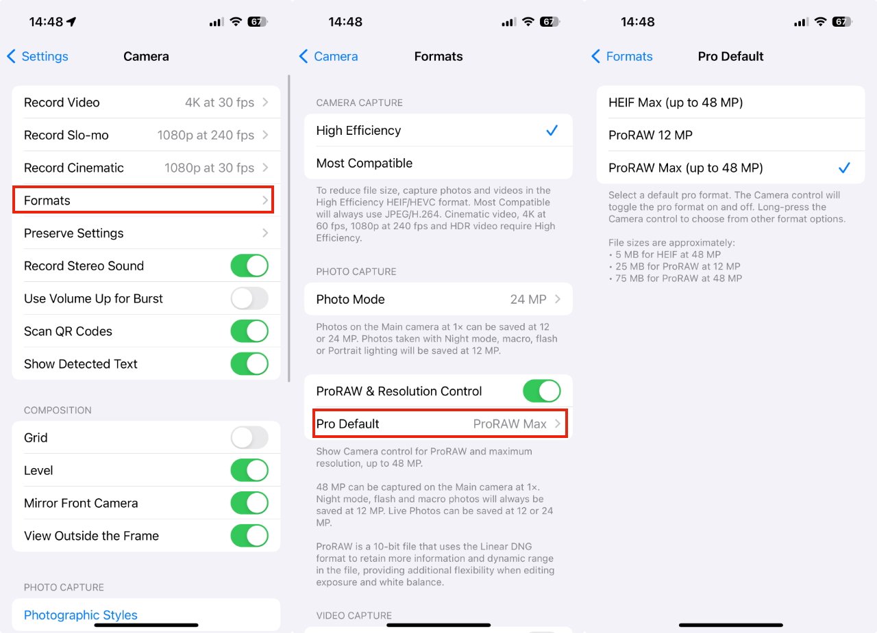 Nyní můžete v Nastavení vybrat možnosti ProRAW