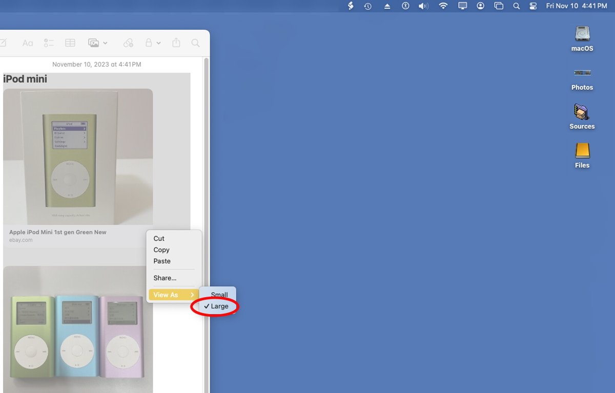 Pomocí podnabídky Zobrazit jako můžete změnit velikost příloh poznámek.