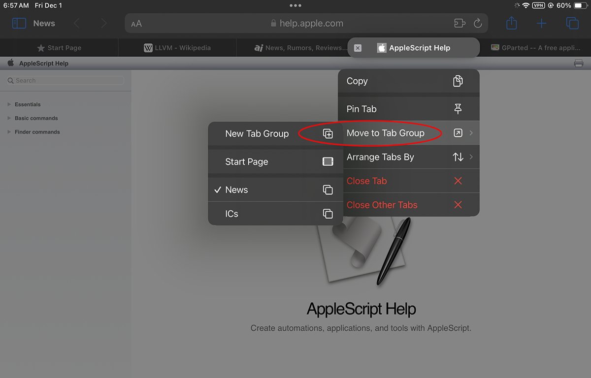 Pomocí podnabídky můžete karty přesunout do jiných skupin, uspořádat je nebo je zavřít.