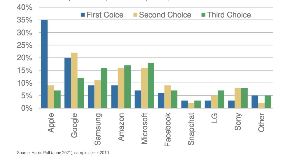 Preferovaní dodavatelé náhlavních souprav.  Průzkum provedený před oznámením Vision Pro.  Zdroj: Harris 2021 va Morgan Stanley