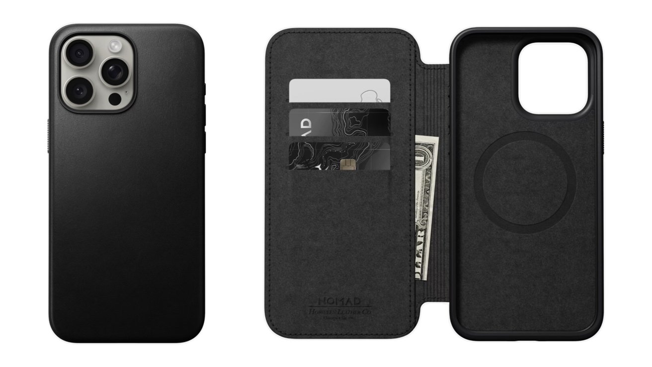 Nomad's slip-on obal na iPhone 15 (L) a folio pouzdro na peněženku (R)