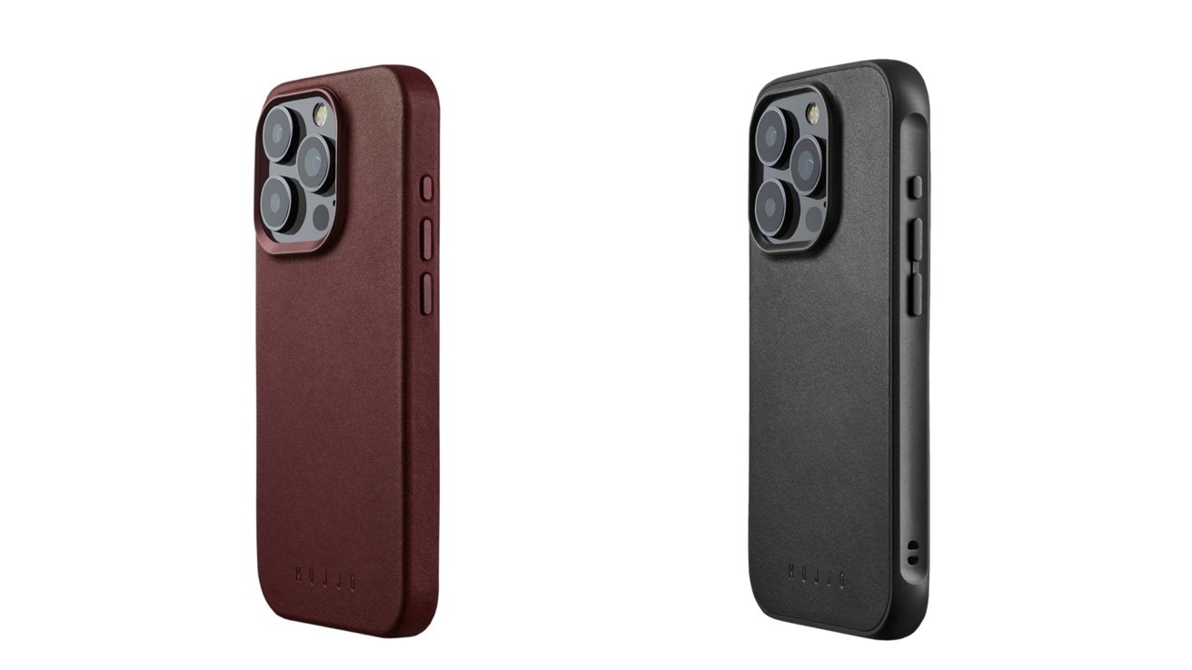 Běžné (L) a stíněné (R) obaly na iPhone 15 od Mujjo