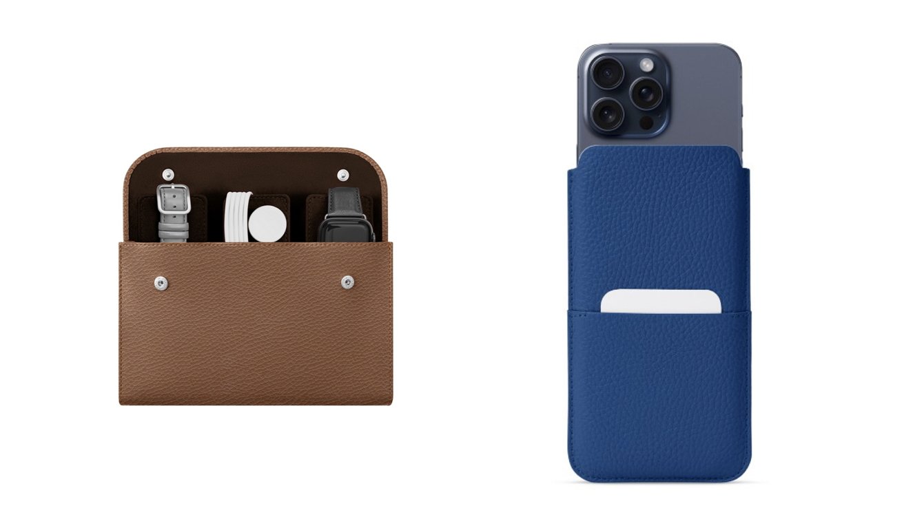 Dva chytré produkty Lucrin: cestovní pouzdro na Apple Watch (L) a pouzdro na iPhone s držákem karty (R)