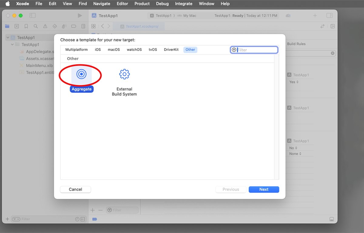 Vytvoření cíle Aggregate v Xcode.
