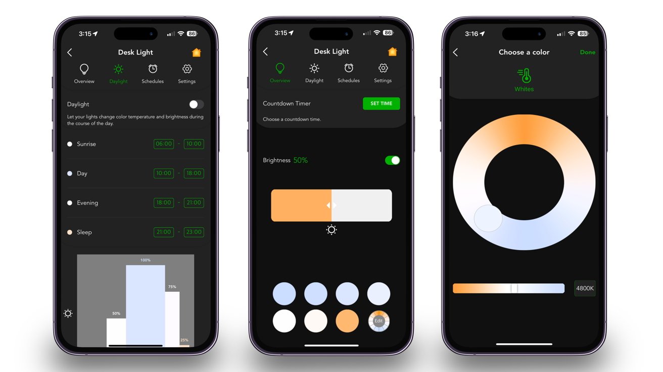VOCOlinc Smart LED stolní lampa recenze: Nativní funkce aplikace