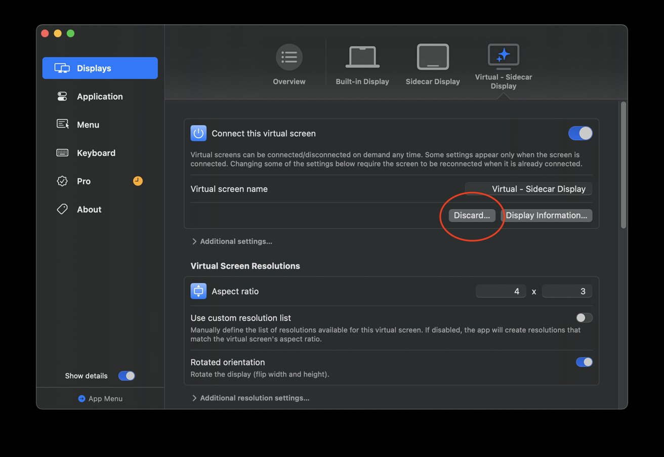 Zahození virtuální obrazovky je způsob, jak se vrátit ke standardnímu nastavení SideCar.