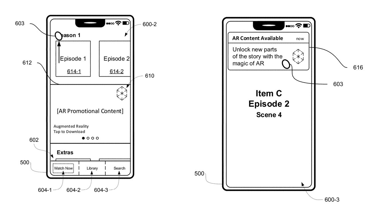 Dva chytré telefony zobrazující rozhraní aplikace s výběrem obsahu rozšířené reality a epizod pro seriál.