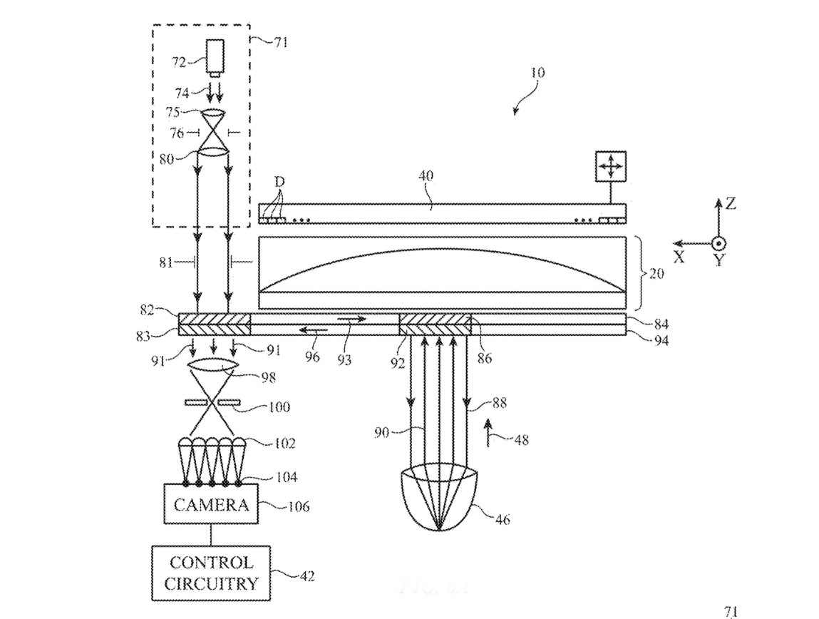 Technický výkres optického systému s označenými částmi včetně čoček, světelných drah, kamery a řídicích obvodů.