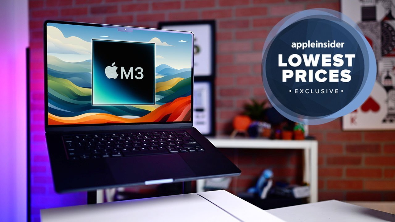 MacBook Air na stole s grafikou „M3“ s logem Apple, nálepkou s nápisem „Exkluzivně nejnižší ceny“ a barevným pozadím.