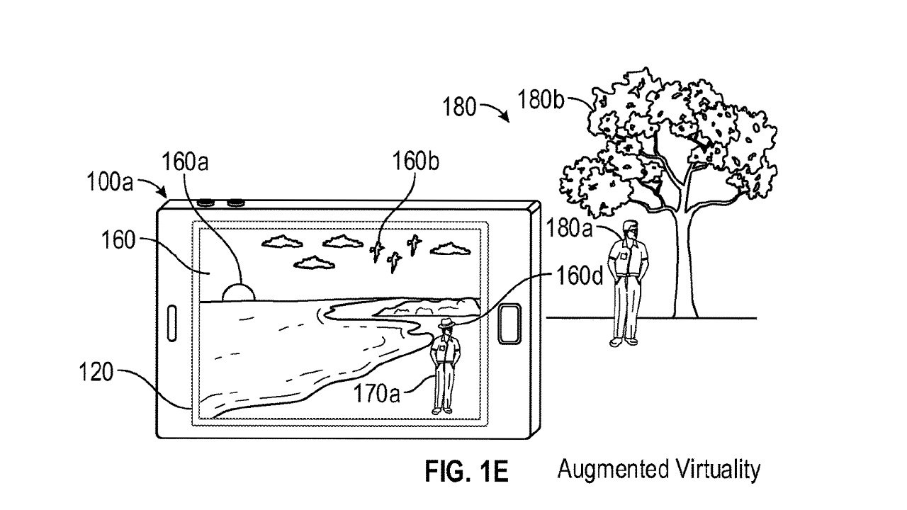 Skica tabletu zobrazující plážovou scénu s překryvnými šipkami směřujícími k objektům reálného světa s titulkem „Rozšířená virtualita“.