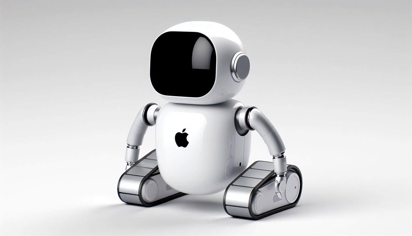 Elegantní bílostříbrný stylizovaný robot s logem Apple sedící na světlém pozadí.