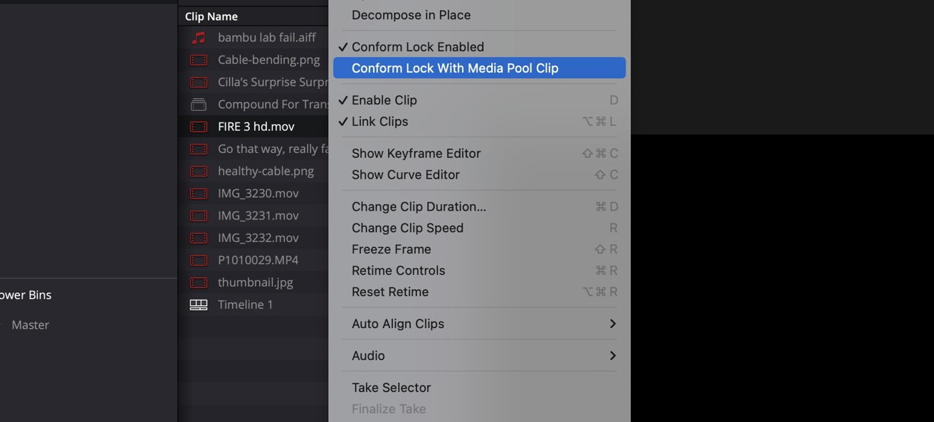 Snímek obrazovky rozhraní softwaru pro úpravu videa Resolve se zvýrazněním možnosti 'Conform Lock With Media Pool Clip' v rozbalovací nabídce.