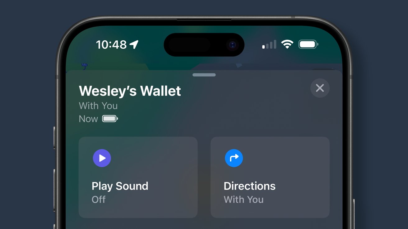 Snímek obrazovky aplikace Find My s možnostmi najít nebo přehrát zvuky pro Wesley's Wallet