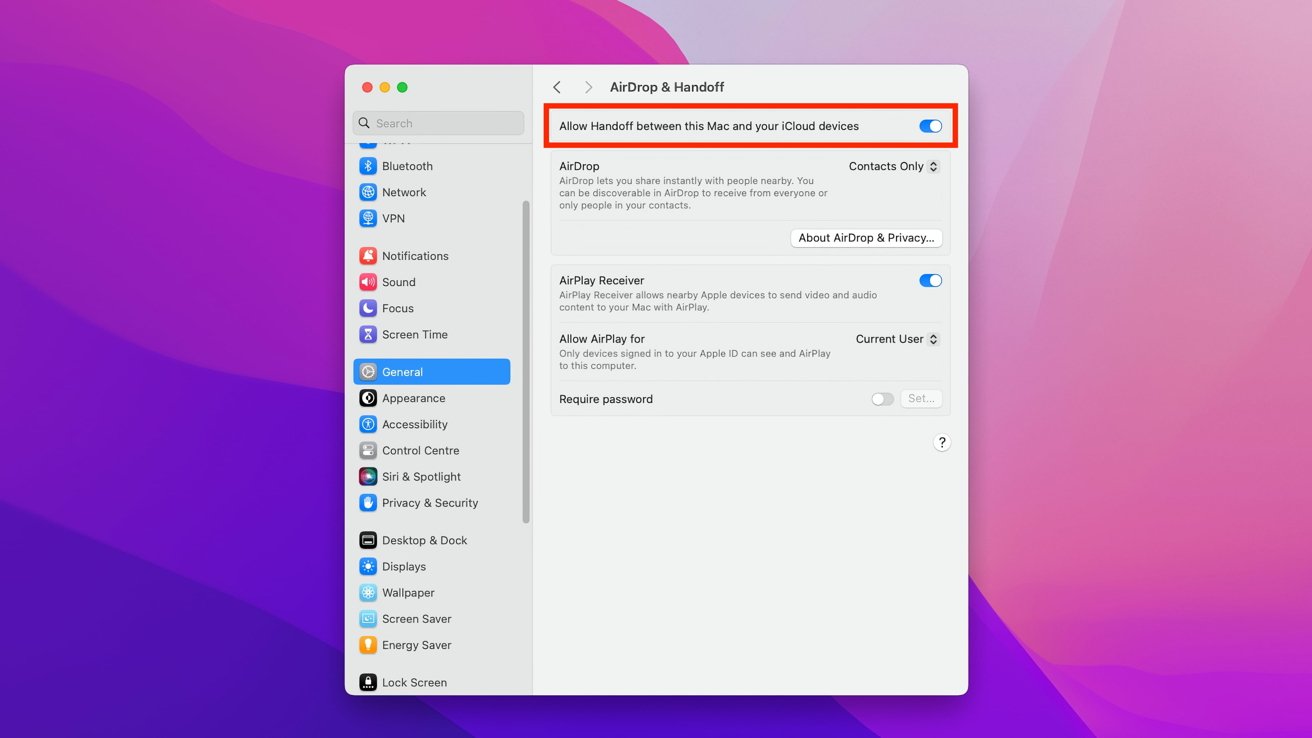 Kontrola Handoff je v macOS povolena