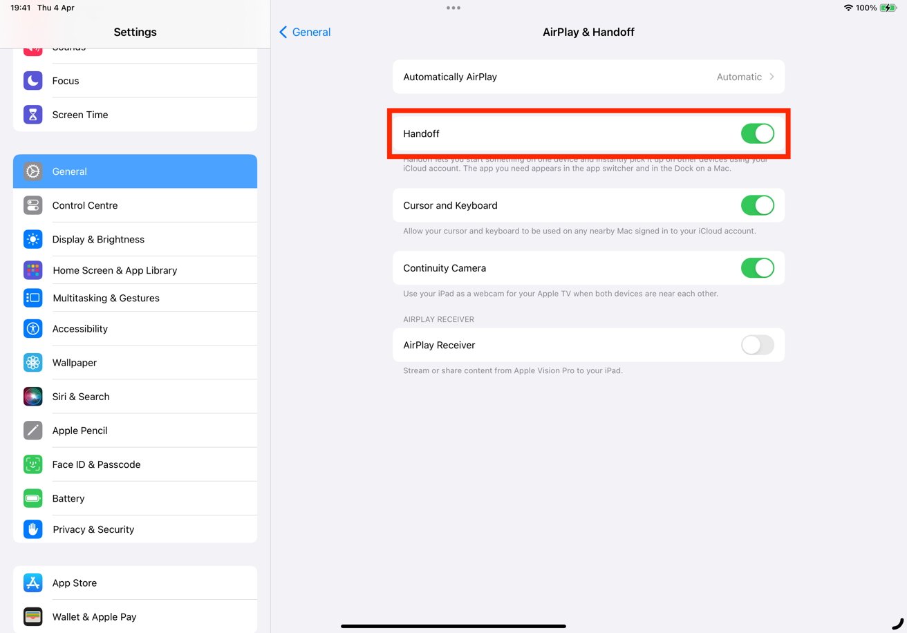 Kontrola Handoff je povolena na iPadu