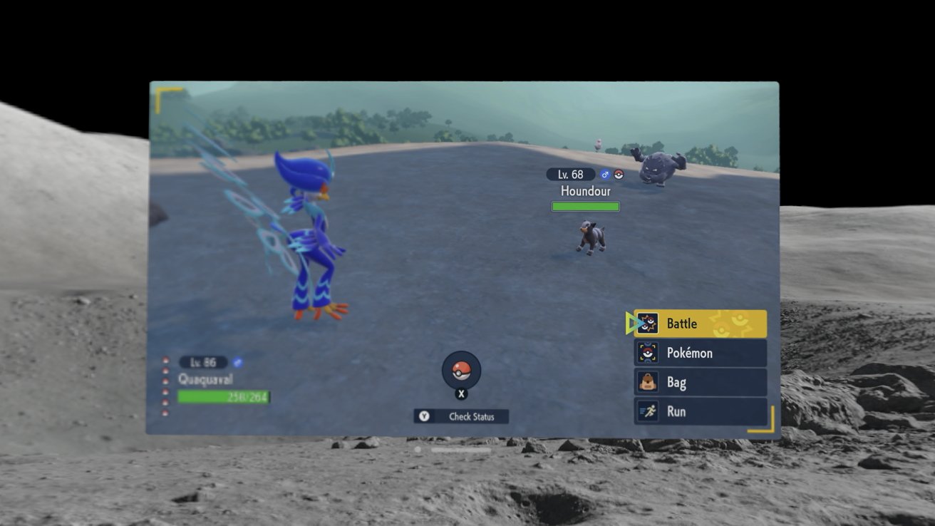 Okno zobrazující streamovanou hru z Nintendo Switch s Pokémonem na obrazovce v bitvě