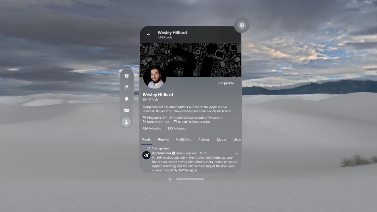 Snímek obrazovky X v aplikaci Dusk zobrazující profil Wesleyho Hilliarda