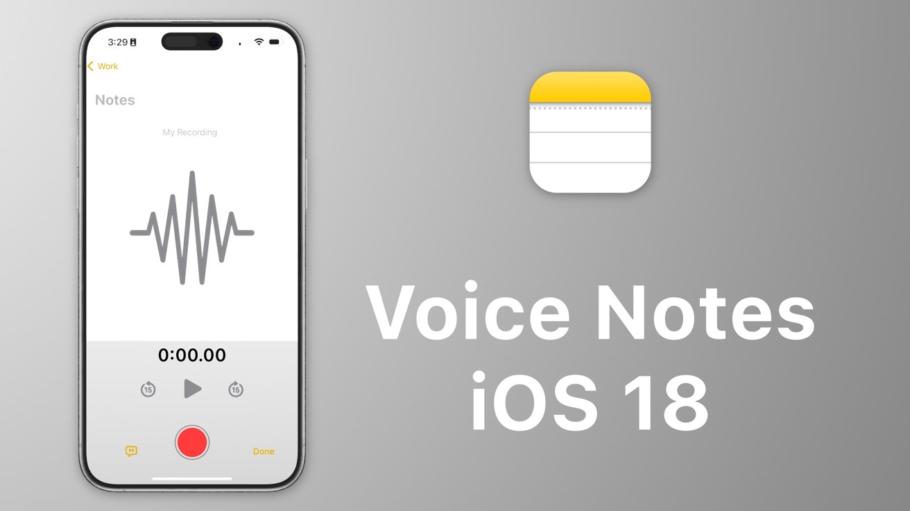 Maketa pověstné aplikace iOS 18 Notes s hlasovým záznamem.