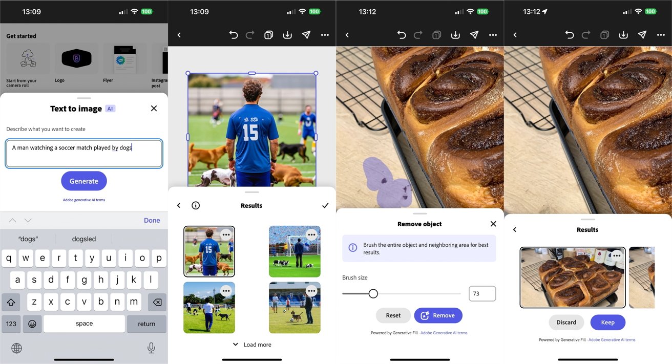 Snímek obrazovky zobrazující několik oken aplikací s nástroji pro úpravu fotografií a AI, včetně fotografie muže, který sleduje psy a pečivo na podnosu.