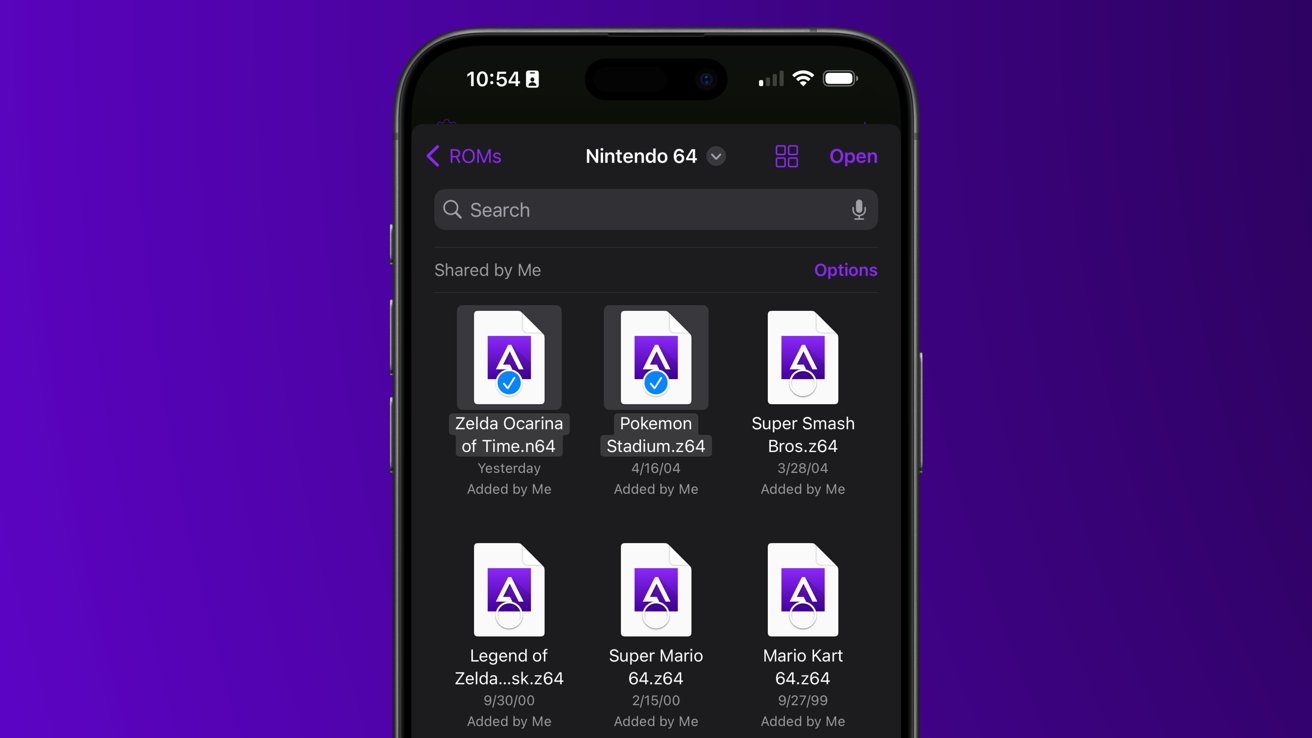 Uživatelské rozhraní aplikace Soubory zobrazené v Delta s více vybranými ROM