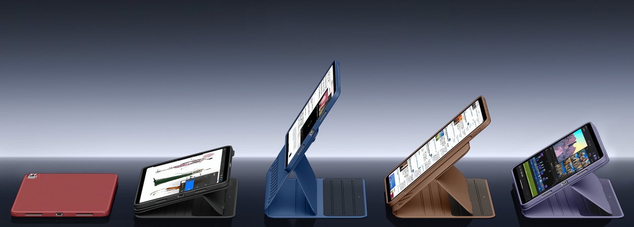 Řada pěti barevných obalů na iPad s různými úhly obrazovky na tmavém reflexním povrchu.