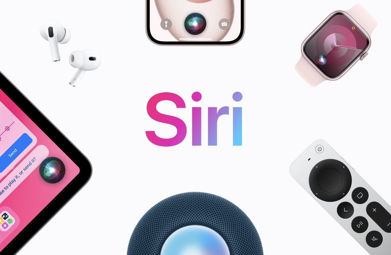 Koláž produktů Apple včetně AirPods, iPhone, Apple Watch, HomePod a Siri Remote soustředěná kolem loga Siri.