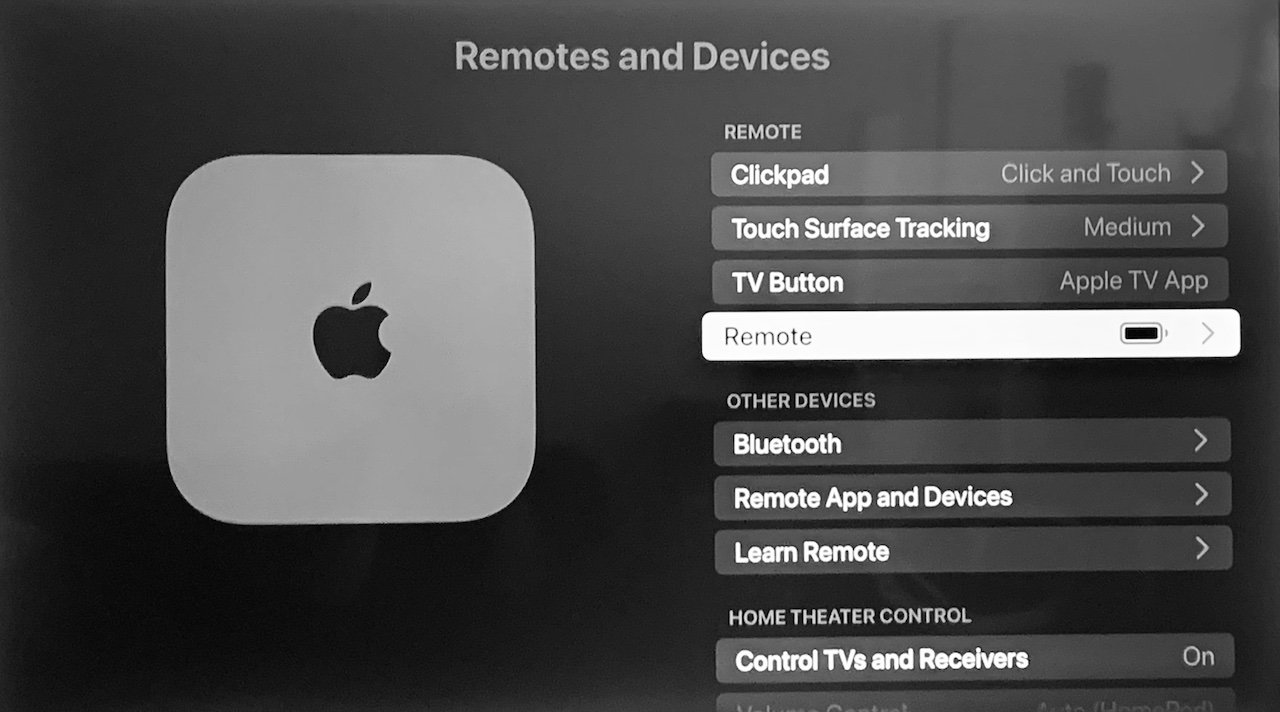 Obrazovka nastavení Apple TV zobrazující možnosti pro dálková ovládání a zařízení se zaměřením na nabídku nastavení dálkového ovládání.