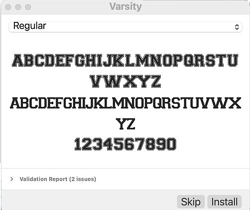 Snímek obrazovky náhledu písma zobrazující velká a malá písmena, čísla a tlačítka rozhraní pro ověřovací zprávu, přeskočení a instalaci.