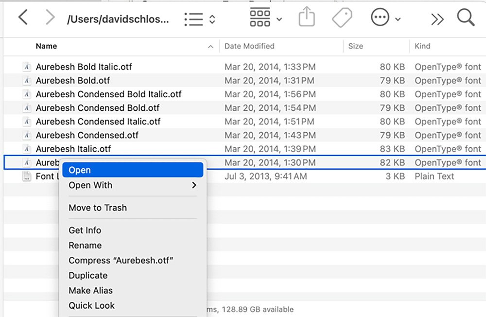 Otevřete písmo výběrem ve Finderu a stisknutím Command+O