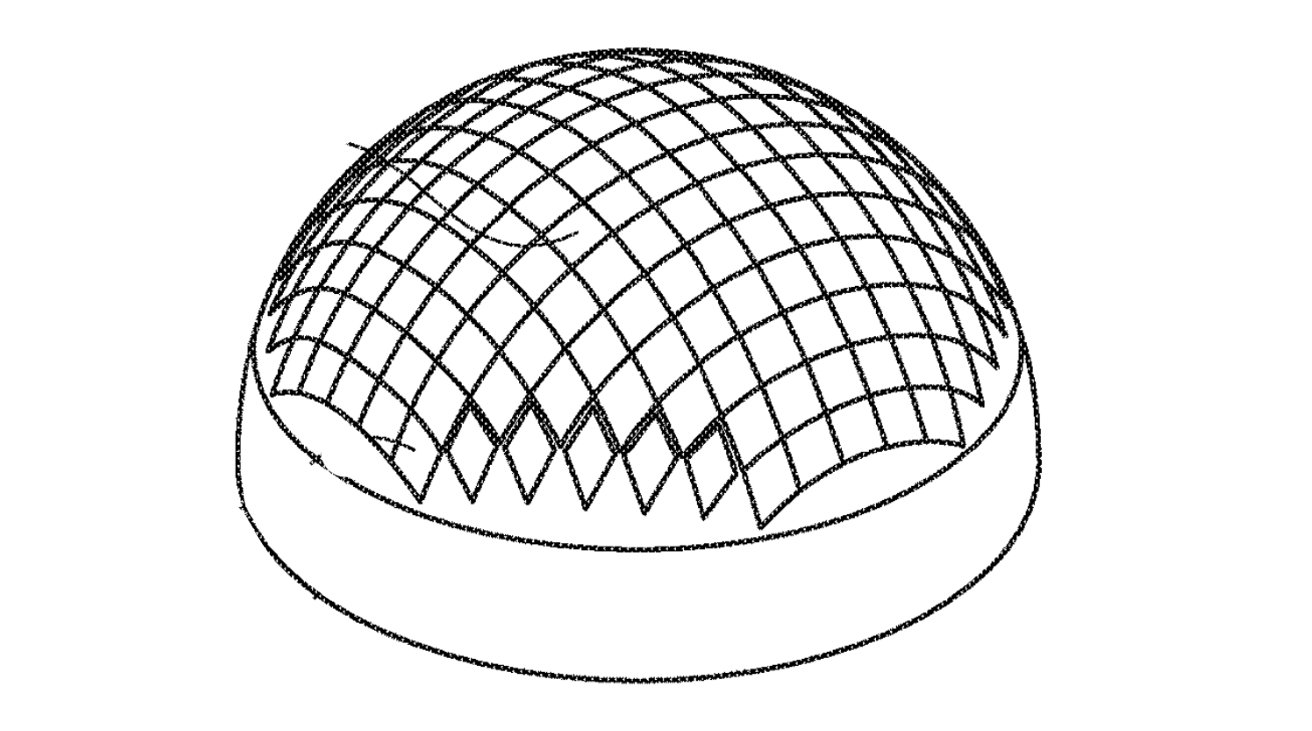 Náčrt mřížkového vzoru překrytého na polokouli, označující trojrozměrný povrch.