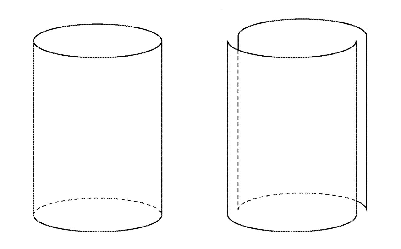 Dvě perokresby válců, jeden vzpřímený a neporušený, druhý se zakřiveným řezem shora dolů.