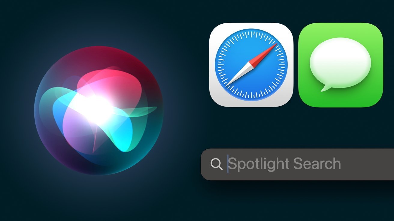 Barevná ikona Siri, ikony Safari a Zprávy a vyhledávací lišta Spotlight na tmavém pozadí.