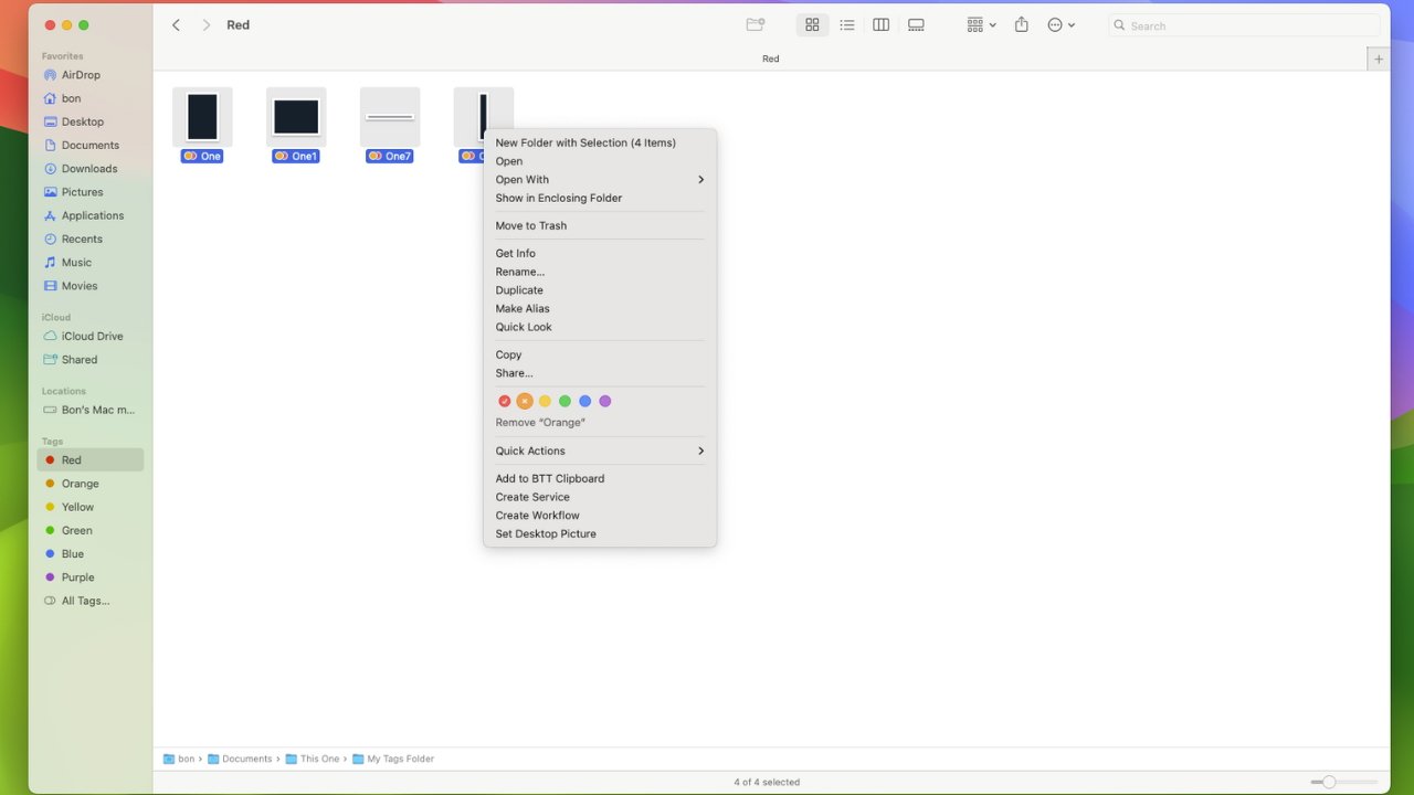 Nabídka po kliknutí pravým tlačítkem se otevře v okně vyhledávače a je připravena odstranit značku Orange ze sady souborů.