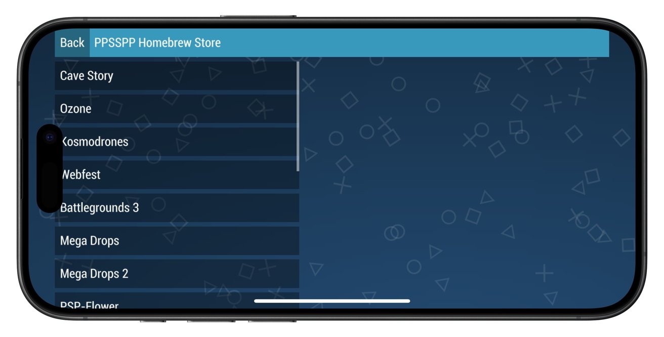 Smartphone zobrazující „PPSSPP Homebrew Store“ se seznamem herních titulů jako „Cave Story“ a „Ozone“ na modrém pozadí.